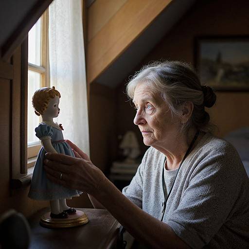 Photograph of an elderly woman with grey hair, wearing a grey sweater, gently holding a porcelain doll by a sunlit window.