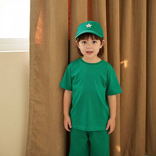 Photograph of a young Asian boy with straight black hair, wearing a green cap, green t-shirt, and green pants, standing against brown curtains in