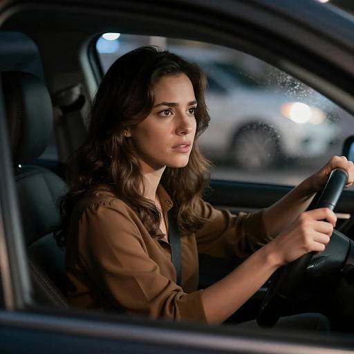 Concerned Woman Driving at Night