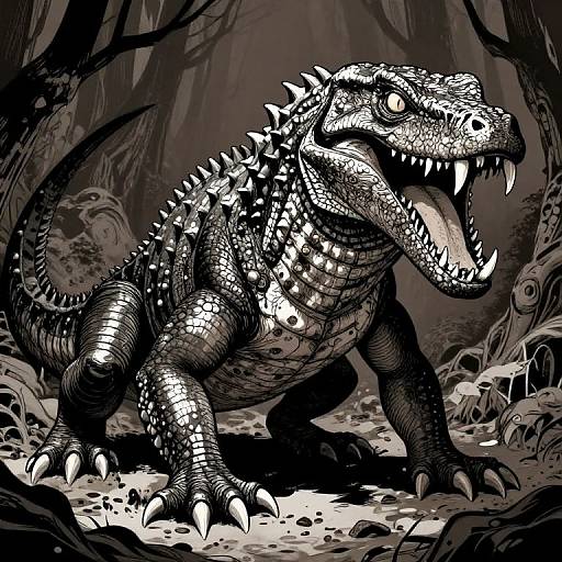 Black-and-white digital drawing of a fierce, detailed, spiked dinosaur with sharp teeth in a dark, eerie forest with twisted trees and scattered bones.