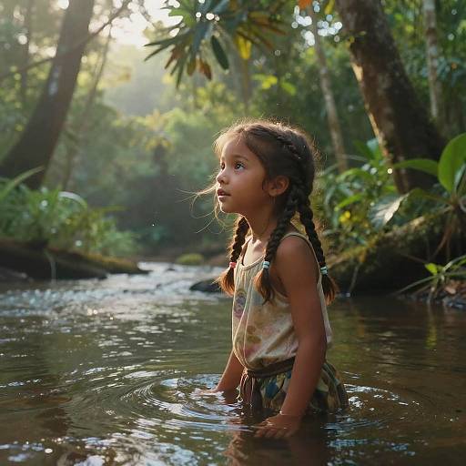 Photograph of a young girl with braided hair, wearing a patterned shirt, standing in a sunlit, forest creek, gazing upward.
