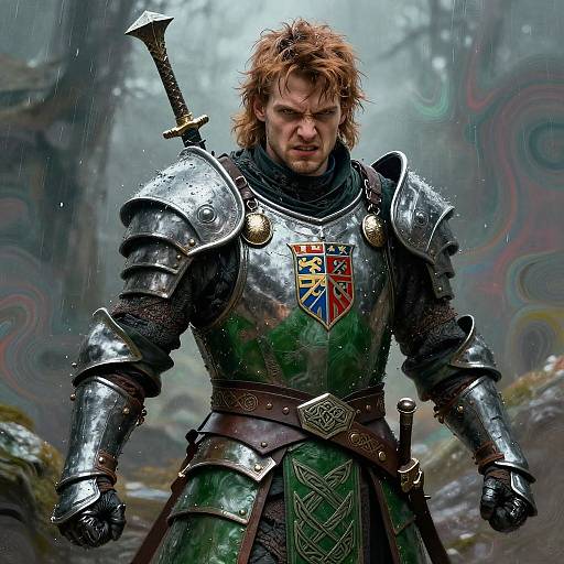 Photorealistic digital art of a rugged, red-haired man in shiny medieval armor with a sword, standing in a misty, rain-soaked forest
