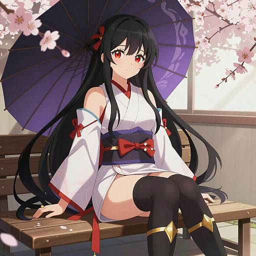 Anime Woman with Umbrella and Cherry Blossoms