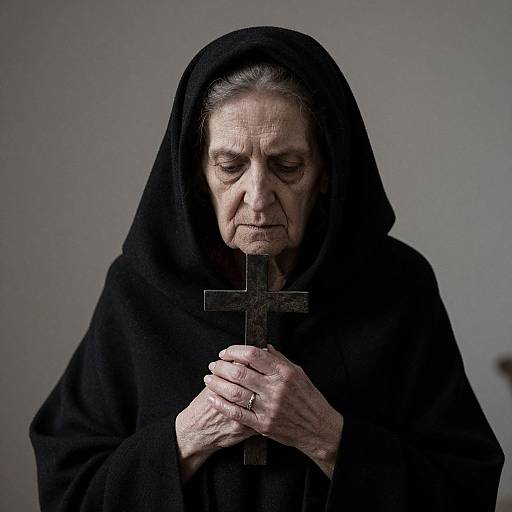 Photograph of an elderly nun in black habit, holding a wooden cross, eyes closed in prayer, against a plain gray background.