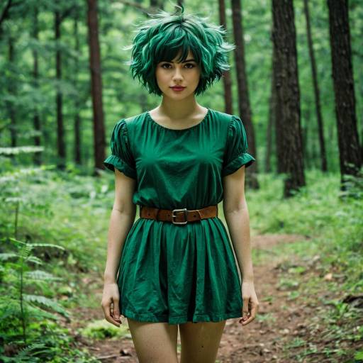 Young Woman with Green Hair in Forest Dress