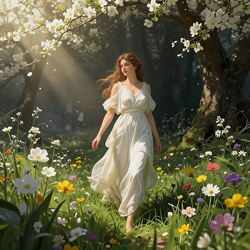Photograph-style digital art: ethereal woman in white, flowing dress walks through sunlit, blooming garden with colorful flowers and blossoming trees.