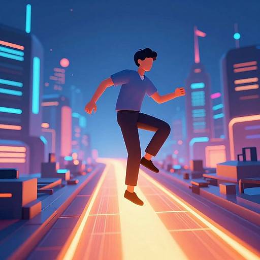 Digital art: A man in a blue shirt and black pants leaps energetically in a neon-lit, futuristic cityscape with glowing skyscrapers