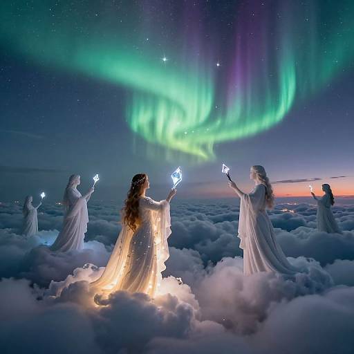 Photograph-style digital art: Five ethereal, white-robed angels with glowing, star-shaped wands standing on fluffy clouds, gazing at vibrant