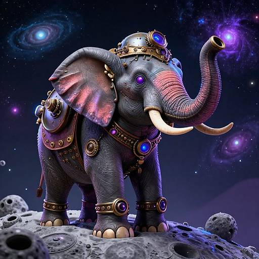 Digital artwork of a mystical, glowing, armored elephant with gem-studded headgear and jewelry, standing on a moon-like surface against a starry,