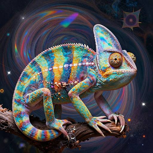 Digital artwork of a vibrant, multicolored chameleon with neon stripes and glowing eyes, perched on a branch against a swirling, cosmic background.