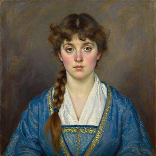 Digital painting of a young woman with fair skin, brown hair in a braid, wearing a blue dress with gold trim, and white blouse, against
