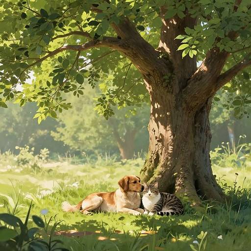 Heartwarming Dog and Cat Under Ancient Tree