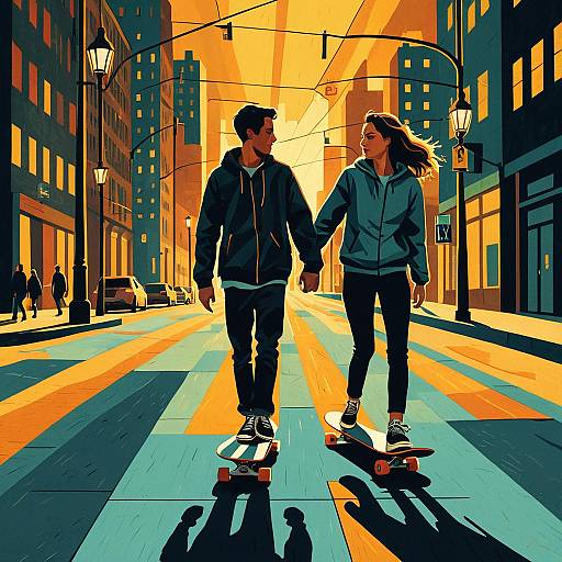 Couple Skateboarding in City at Sunset