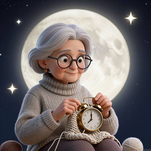 Digital illustration of an elderly woman with gray hair, glasses, and a turtleneck sweater, holding an antique alarm clock against a bright full moon in
