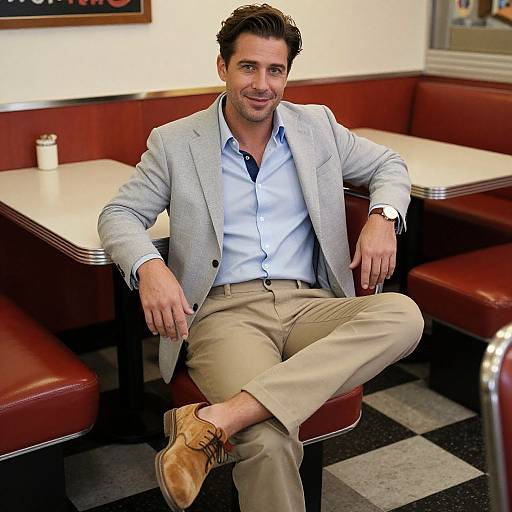Photograph of a handsome, dark-haired man in a light gray blazer, white shirt, beige pants, and tan shoes, casually sitting in a