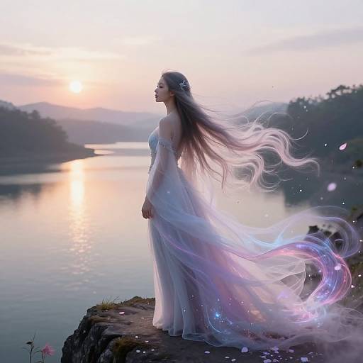 Digital art of a ethereal woman with long, flowing, multicolored hair in a white dress, standing on a cliff by a serene lake at