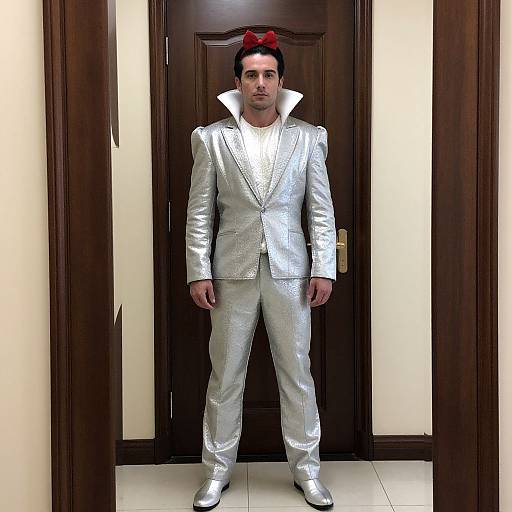 Photograph of a man in a shiny silver suit, white collar, silver shoes, and red bow tie, standing in front of a dark wooden door