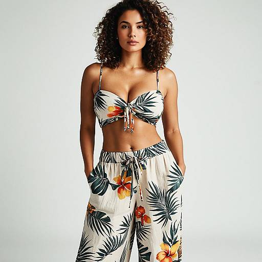 Curly Woman in Tropical Print Summer Outfit
