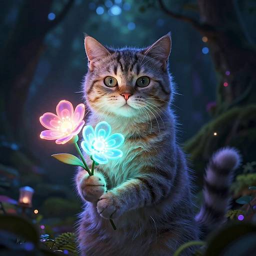 Mystical Cat with Glowing Flowers