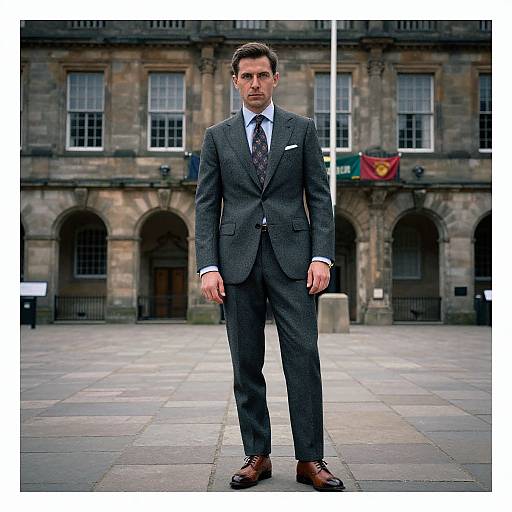 Photograph of a tall, handsome man in a dark gray, tailored suit with a white shirt and maroon tie, standing confidently in front of a