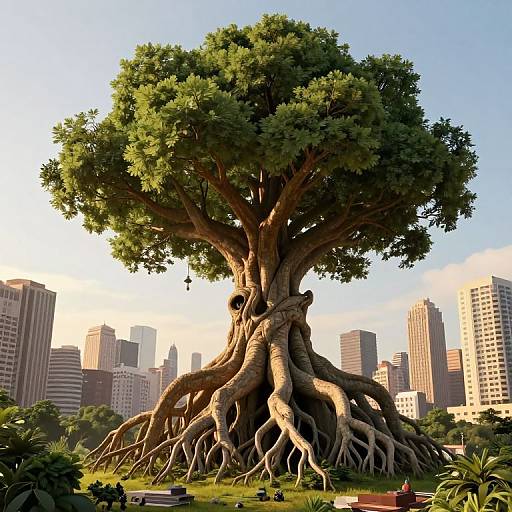Surreal Urban Tree with Sentient Roots