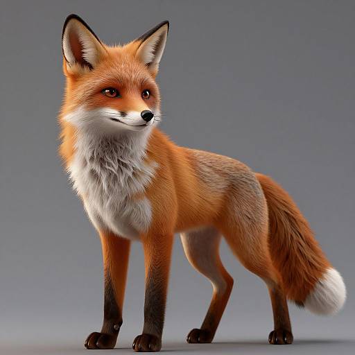 Photorealistic CGI of a standing red fox with vibrant orange fur, white chest, black legs, and bushy tail, against a gradient gray background