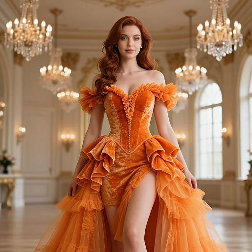 Photograph of a red-haired woman in an off-shoulder, ruffled, orange velvet dress, walking in a grand, chandelier-lit