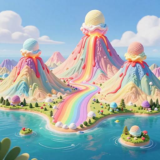 Vibrant digital art of colorful mountains with melting spheres, rainbow waterfalls, islands, and a bright blue sky with fluffy clouds.