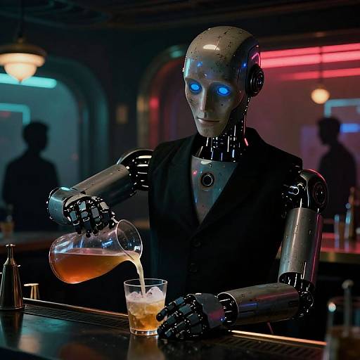 Photograph of a glowing blue-eyed, metallic robot bartender pouring amber liquid into a glass in a dimly-lit, neon-lit bar.