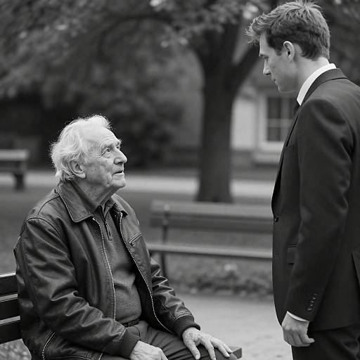 Black-and-White Elderly Man Conversation Scene