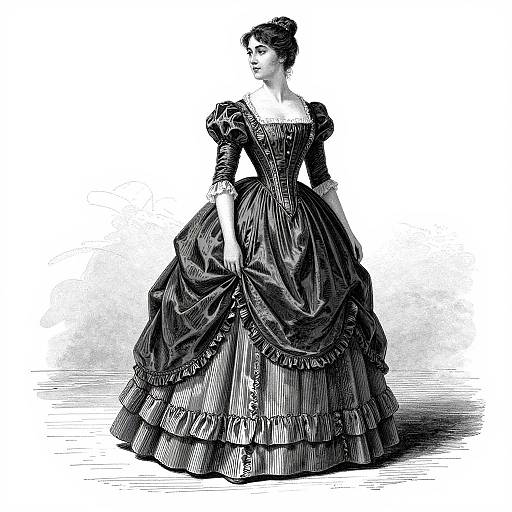 Black-and-white digital illustration of a Victorian woman in a detailed, full-skirted, empire-waist gown with puffed sleeves, standing gracefully