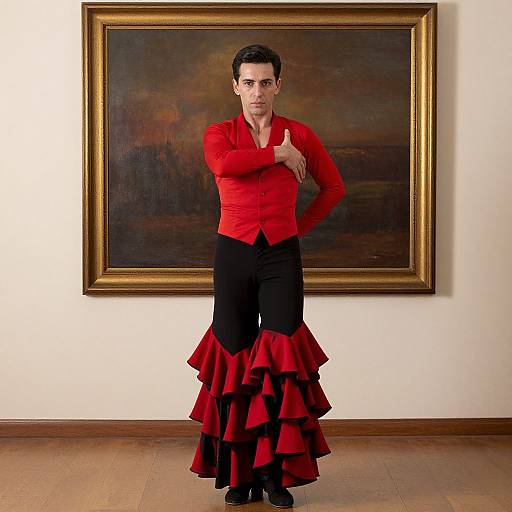 Photograph of a man with dark hair, wearing a red blazer and black ruffled skirt, standing in front of a framed painting, hands crossed
