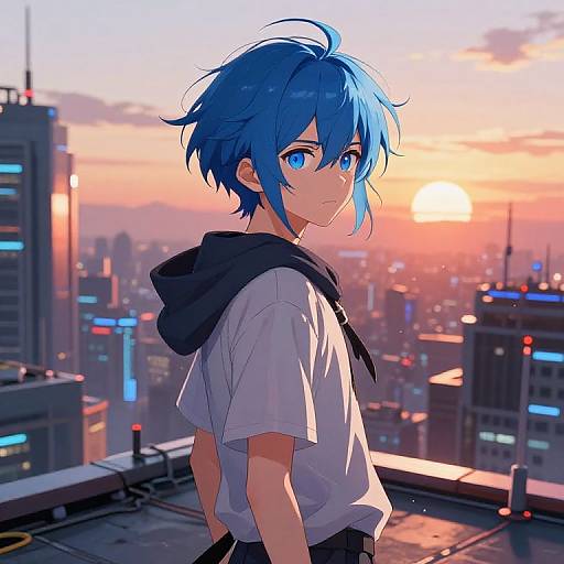 Cyberpunk Anime Boy at Sunset