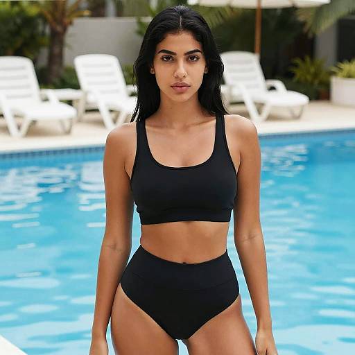Photograph of a young woman with long black hair, medium skin tone, and slim build, wearing a black sports bra and high-waisted bikini