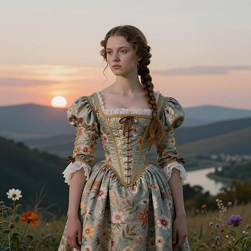 Young Woman in Renaissance Dress at Sunset