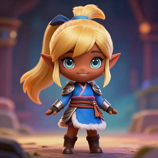 Chibi-style digital art of a cute, blonde elf girl with large blue eyes, wearing a blue kimono, brown belt, and armor, standing