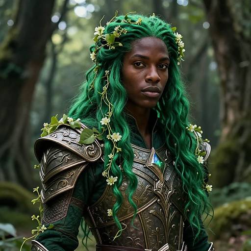 Photorealistic digital art of a dark-skinned woman with green, flower-adorned hair, wearing intricate, bronze armor in a forest.