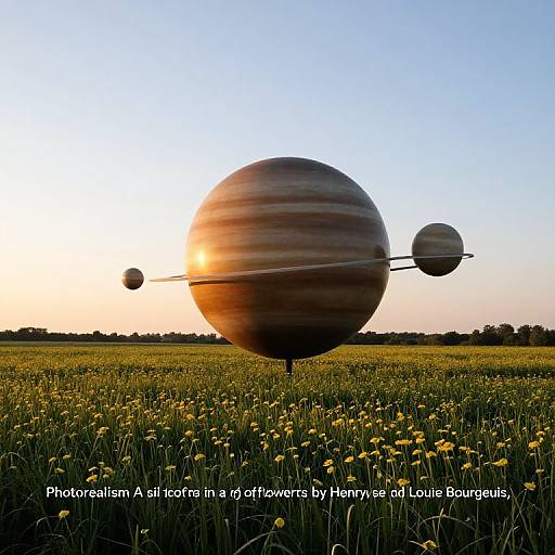 Digital artwork of Jupiter and its moons, Io and Europa, silhouetted against a sunset over a field of yellow wildflowers. Text reads: