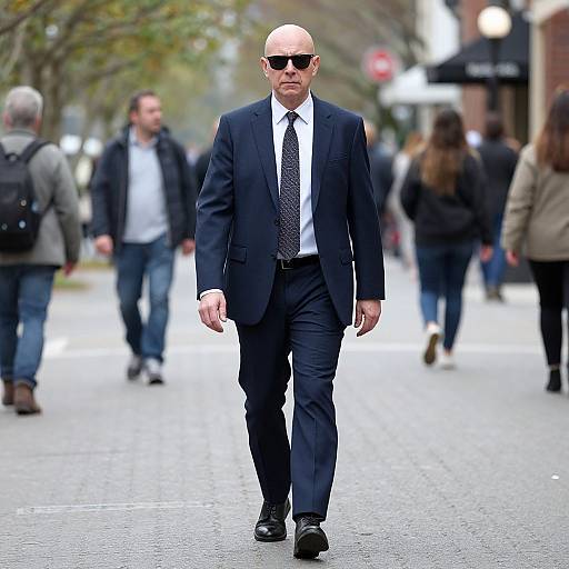 Photograph of a bald, middle-aged man in a dark suit, white shirt, black tie, and sunglasses walking down a busy urban street. Bl