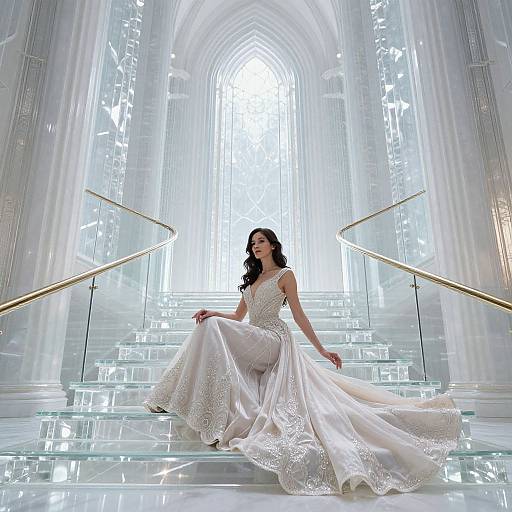 Photograph of a woman in a sparkling white, lace-embellished gown, sitting on illuminated stairs in a futuristic, glowing cathedral-like setting.