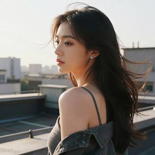 Photograph of a young Asian woman with long black hair, wearing a denim off-shoulder top, standing on a rooftop at sunset. Urban buildings