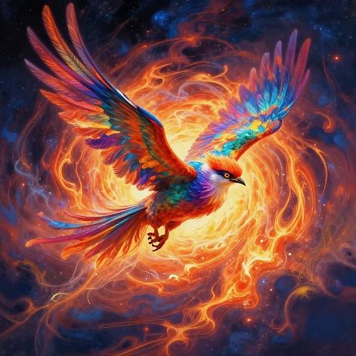 Vibrant digital artwork of a multicolored phoenix with fiery wings, surrounded by swirling flames and a dark cosmic background.
