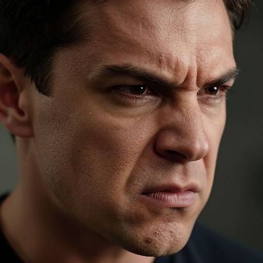 Close-up photograph of a serious, dark-haired man with slightly furrowed brow, textured skin, and intense brown eyes, against a dark background.