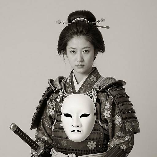 Woman in Traditional Japanese Samurai Armor with Mask