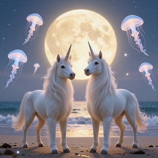 Digital artwork of two white unicorns with glowing horns standing on a moonlit beach, surrounded by glowing jellyfish under a full moon.