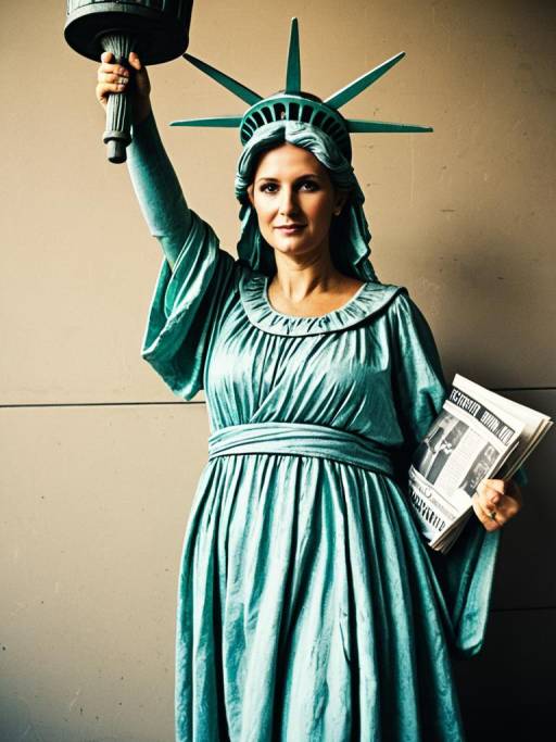 Woman in Statue of Liberty Costume Holding Newspaper