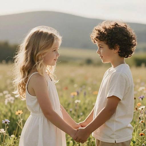 Photograph of a young blonde girl and curly-haired boy holding hands in a sunlit meadow, both wearing white dresses and shirts, gazing at