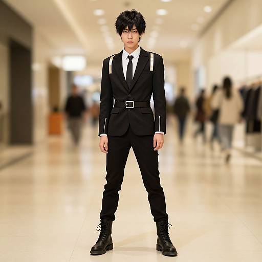Photograph of a young Asian man with messy black hair, wearing a sleek black suit, white shirt, black tie, and boots, standing confidently in