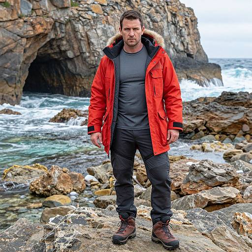Photograph of a bearded man in a red parka, black shirt, and pants, standing on rocky coastal terrain with waves and cliffs in the