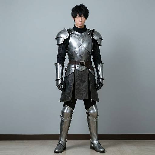 Photograph of a young Asian man with black hair in full silver medieval-style armor, standing against a plain gray background.